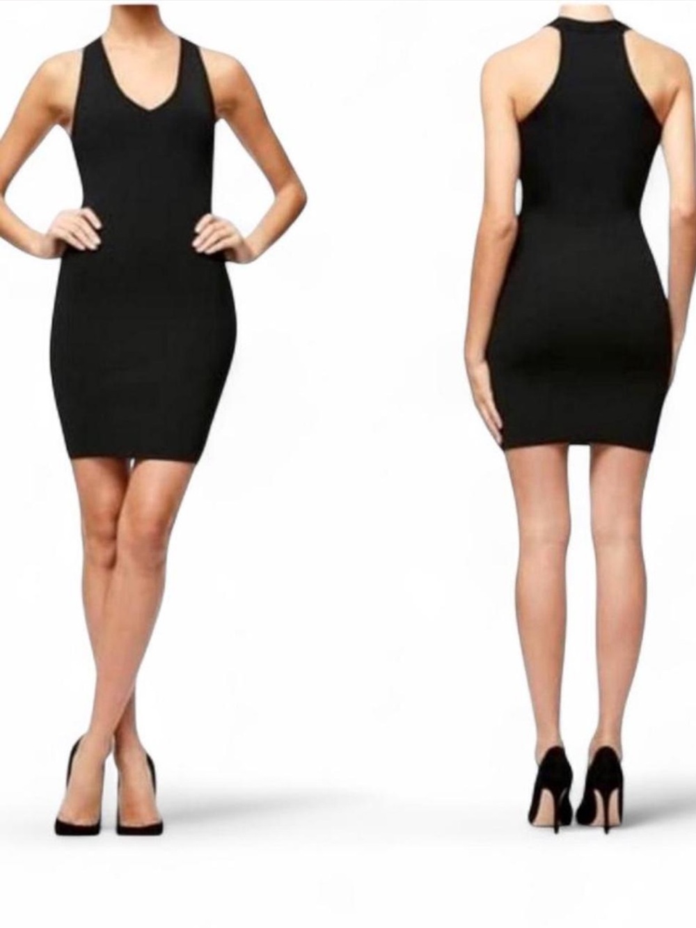 Good American Minimalist Thick Ribbed Sleeveless Bodycon V-Neck Mini Black Dress